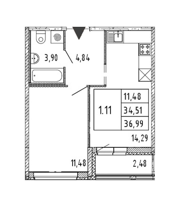 1-комнатная квартира 34.51 м², 15/15 эт., ЖК «Parkolovo»