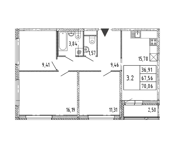3-комнатная квартира 67.56 м², 15/15 эт., ЖК «Parkolovo»