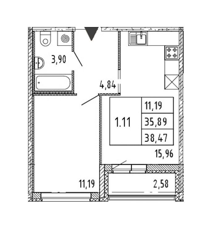 1-комнатная квартира 35.89 м², 15/15 эт., ЖК «Parkolovo»