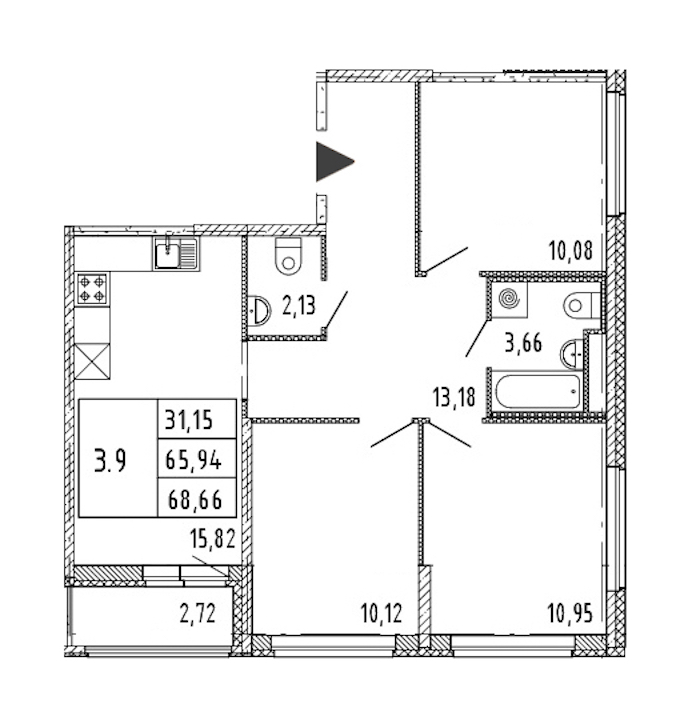 3-комнатная квартира 65.94 м², 15/15 эт., ЖК «Parkolovo»