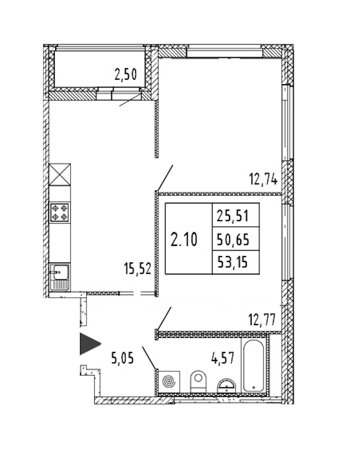 2-комнатная квартира 50.65 м², 14/15 эт., ЖК «Parkolovo»