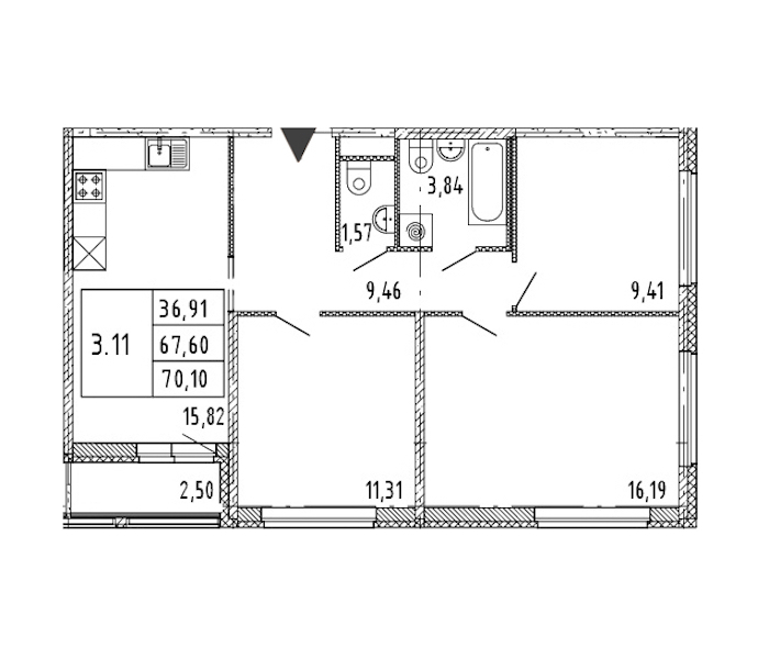 3-комнатная квартира 67.6 м², 15/15 эт., ЖК «Parkolovo»