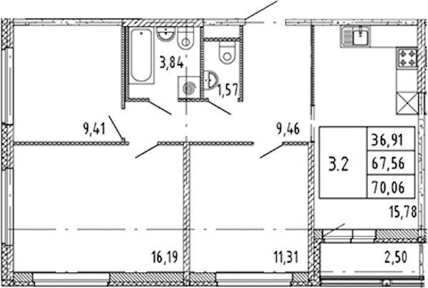 3-комнатная квартира 67.56 м², 8/15 эт., ЖК «Parkolovo»