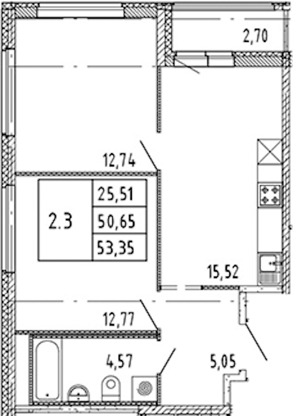 2-комнатная квартира 50.65 м², 14/15 эт., ЖК «Parkolovo»