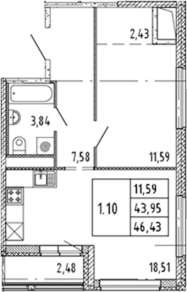 1-комнатная квартира 43.95 м², 14/15 эт., ЖК «Parkolovo»