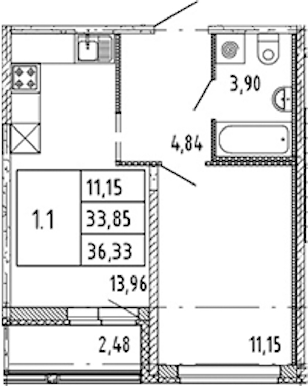 1-комнатная квартира 33.85 м², 15/15 эт., ЖК «Parkolovo»
