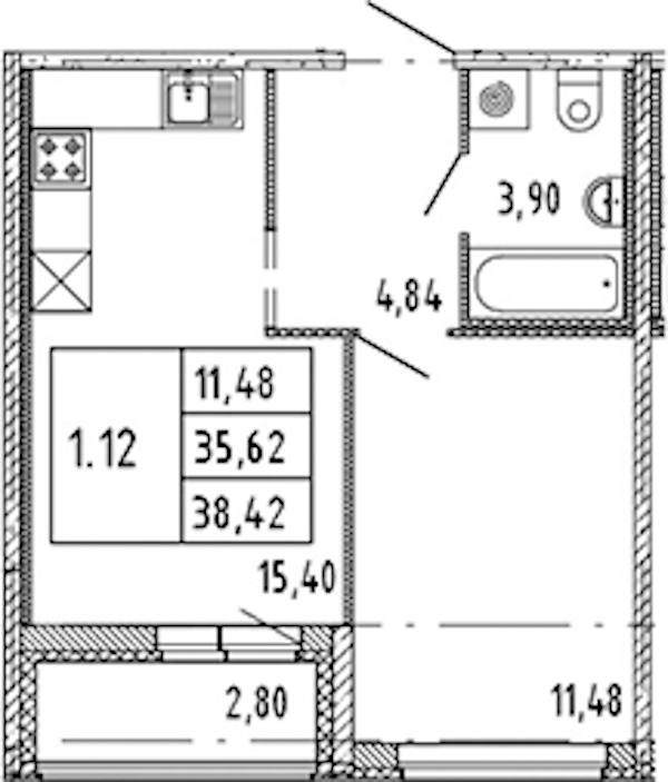 1-комнатная квартира 35.62 м², 15/15 эт., ЖК «Parkolovo»