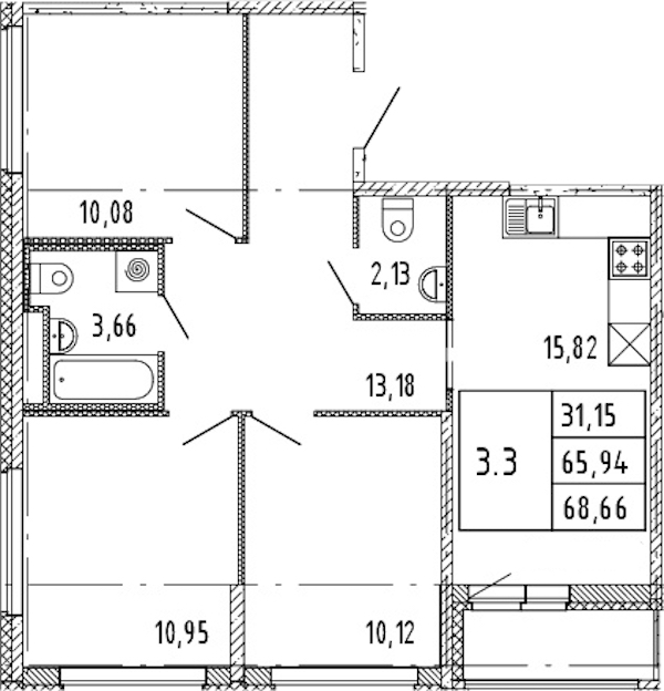3-комнатная квартира 65.94 м², 10/15 эт., ЖК «Parkolovo»