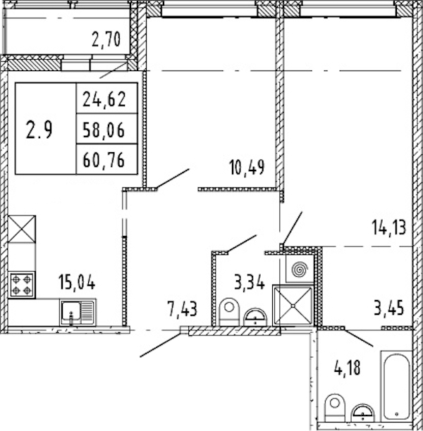 2-комнатная квартира 58.06 м², 14/15 эт., ЖК «Parkolovo»