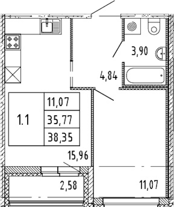 1-комнатная квартира 35.77 м², 15/15 эт., ЖК «Parkolovo»