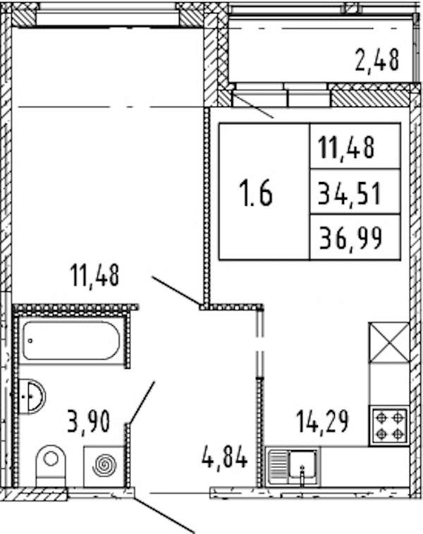 1-комнатная квартира 34.51 м², 15/15 эт., ЖК «Parkolovo»