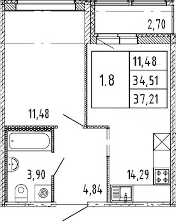 1-комнатная квартира 34.51 м², 15/15 эт., ЖК «Parkolovo»