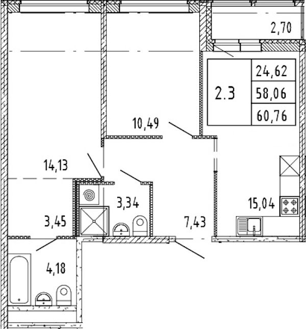 2-комнатная квартира 58.06 м², 7/15 эт., ЖК «Parkolovo»
