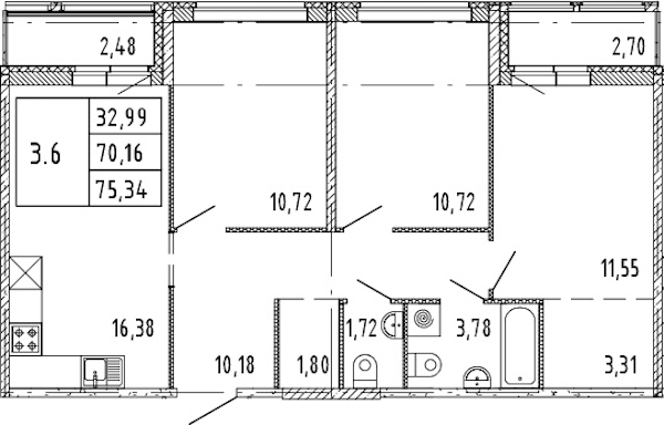 3-комнатная квартира 70.16 м², 10/15 эт., ЖК «Parkolovo»