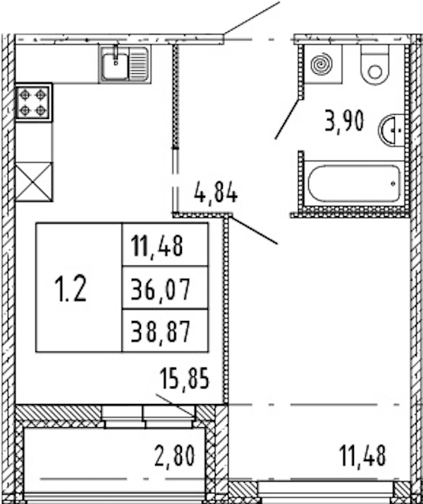 1-комнатная квартира 36.07 м², 15/15 эт., ЖК «Parkolovo»