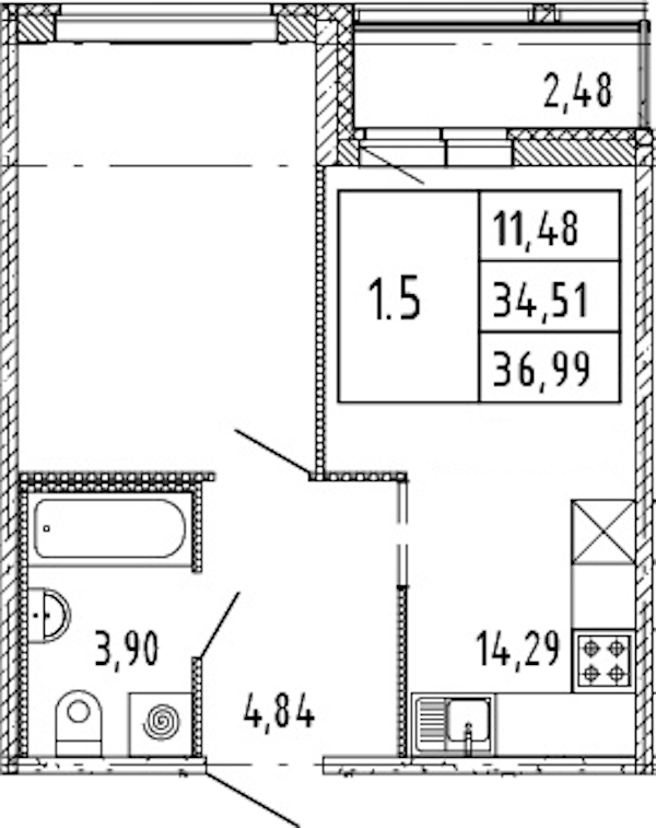 1-комнатная квартира 34.51 м², 15/15 эт., ЖК «Parkolovo»