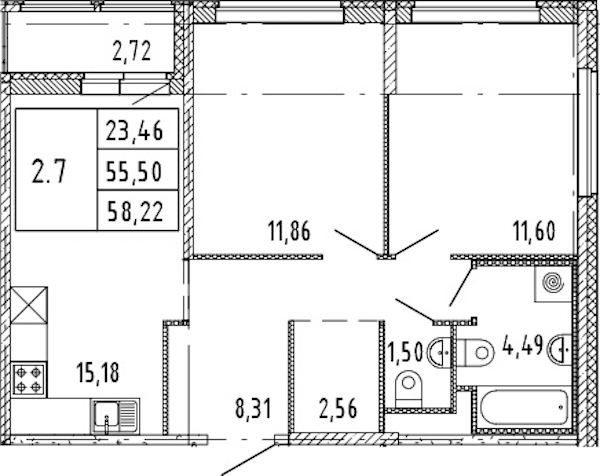 2-комнатная квартира 55.5 м², 15/15 эт., ЖК «Parkolovo»