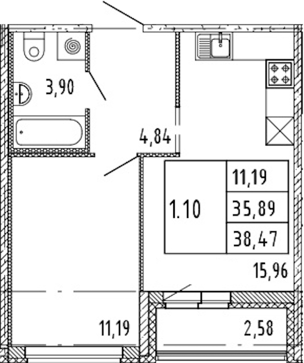 1-комнатная квартира 35.89 м², 15/15 эт., ЖК «Parkolovo»