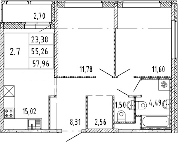 2-комнатная квартира 55.26 м², 2/15 эт., ЖК «Parkolovo»