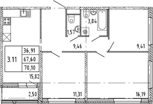 3-комнатная квартира 67.6 м², 13/15 эт., ЖК «Parkolovo»