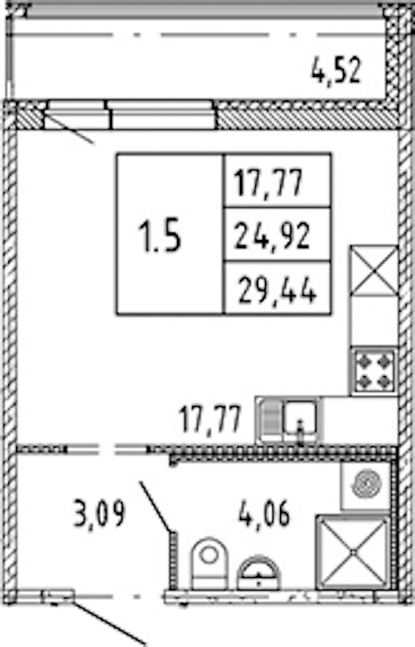 Квартира студия 24.92 м², 15/15 эт., ЖК «Parkolovo»