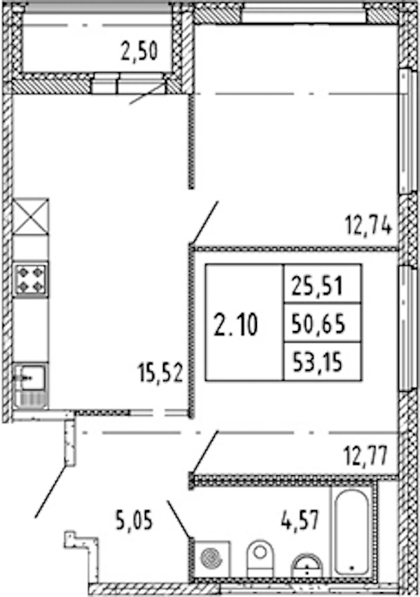 2-комнатная квартира 50.65 м², 15/15 эт., ЖК «Parkolovo»