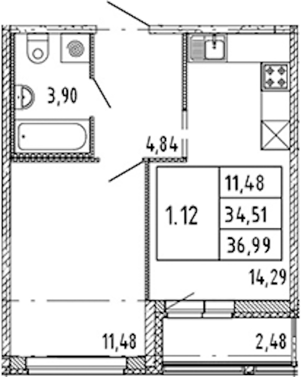 1-комнатная квартира 34.51 м², 15/15 эт., ЖК «Parkolovo»