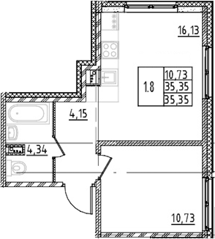 1-комнатная квартира 35.35 м², 1/15 эт., ЖК «Parkolovo»