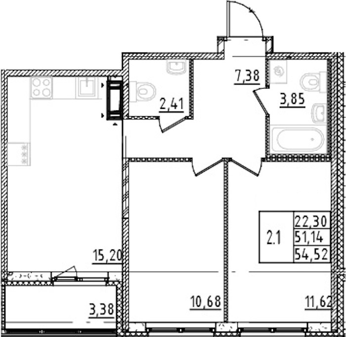 2-комнатная квартира 51.14 м², 2/15 эт., ЖК «Parkolovo»