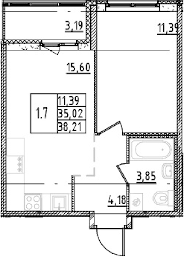 1-комнатная квартира 35.02 м², 2/15 эт., ЖК «Parkolovo»