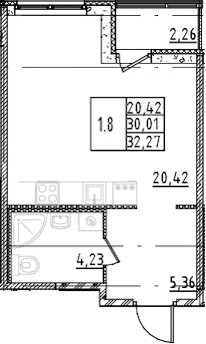 Квартира студия 30.01 м², 2/15 эт., ЖК «Parkolovo»