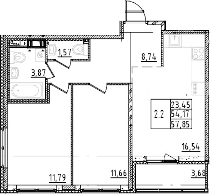 2-комнатная квартира 54.17 м², 3/15 эт., ЖК «Parkolovo»