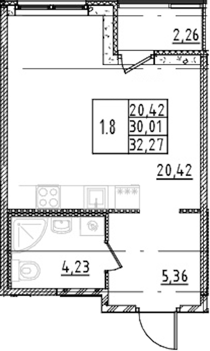 Квартира студия 30.01 м², 3/15 эт., ЖК «Parkolovo»