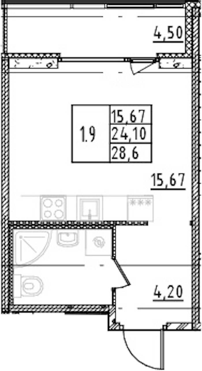 Квартира студия 24.1 м², 3/15 эт., ЖК «Parkolovo»