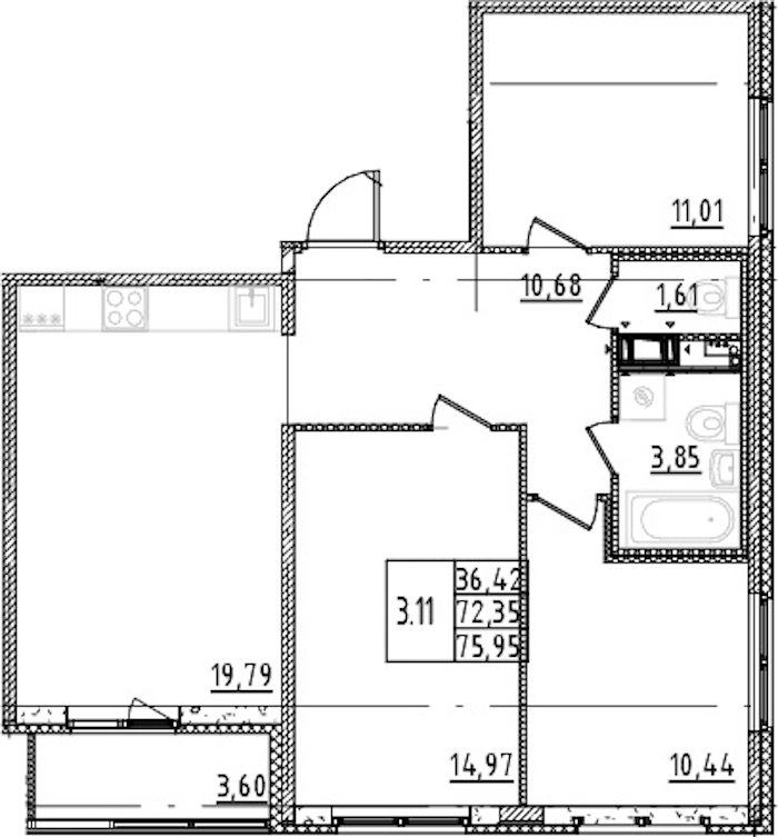 3-комнатная квартира 72.35 м², 3/15 эт., ЖК «Parkolovo»