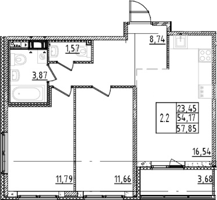 2-комнатная квартира 54.17 м², 4/15 эт., ЖК «Parkolovo»