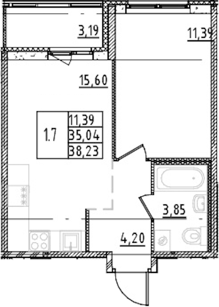 1-комнатная квартира 35.04 м², 4/15 эт., ЖК «Parkolovo»