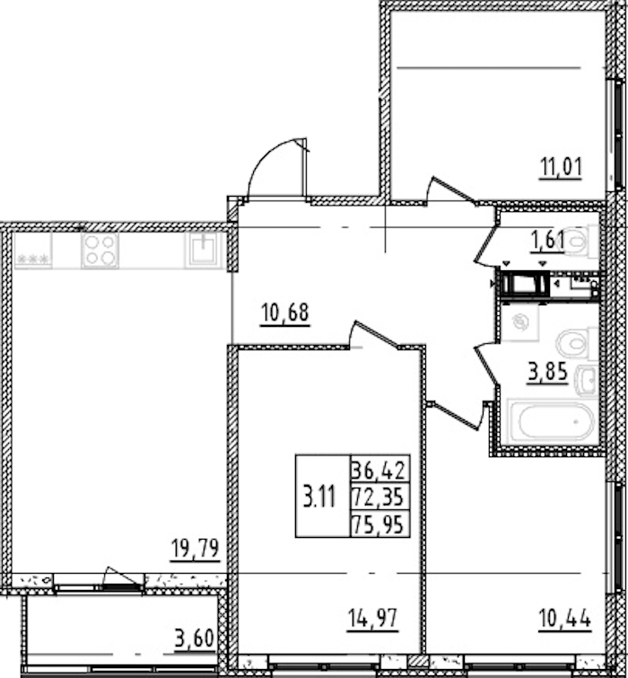 3-комнатная квартира 72.35 м², 4/15 эт., ЖК «Parkolovo»
