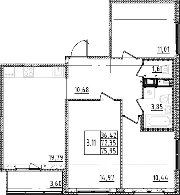 3-комнатная квартира 72.35 м², 8/15 эт., ЖК «Parkolovo»