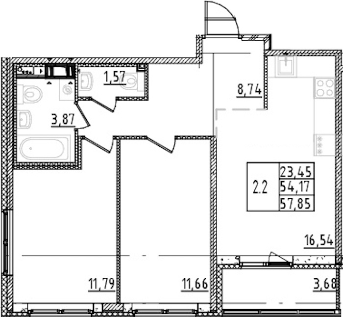 2-комнатная квартира 54.17 м², 11/15 эт., ЖК «Parkolovo»