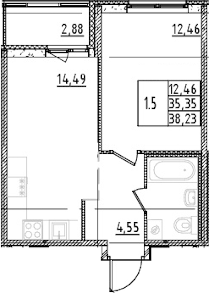 1-комнатная квартира 35.35 м², 11/15 эт., ЖК «Parkolovo»