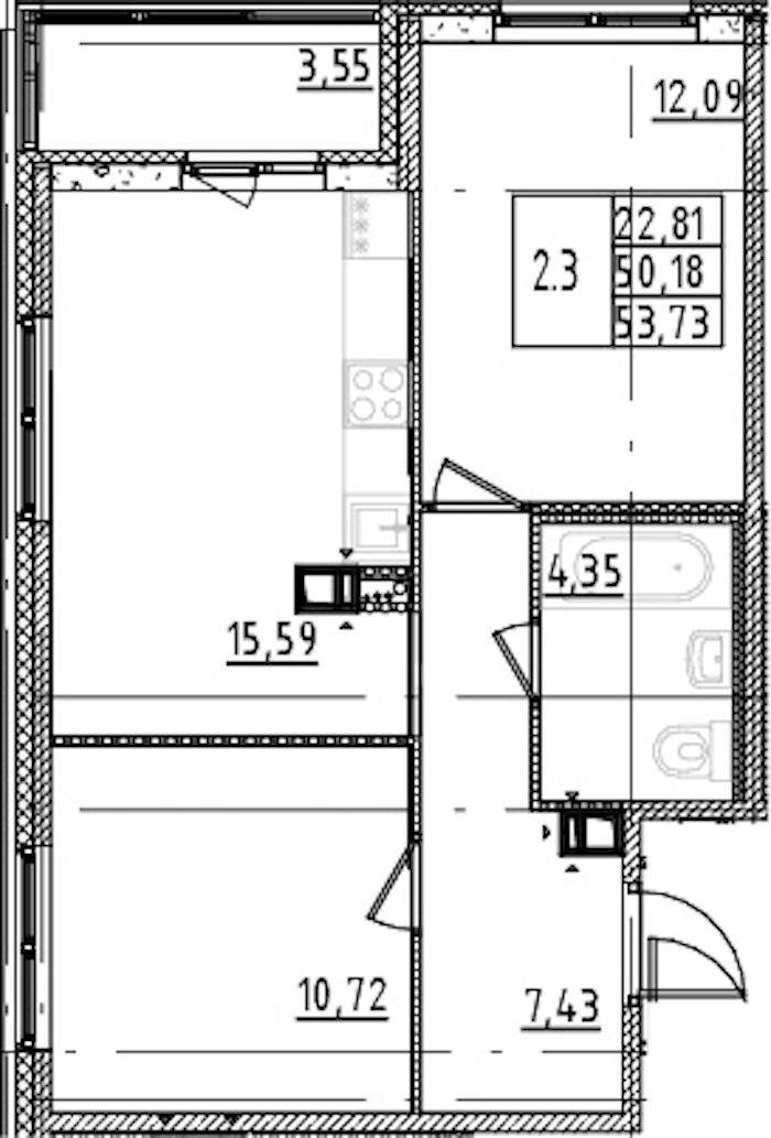 2-комнатная квартира 50.18 м², 13/15 эт., ЖК «Parkolovo»