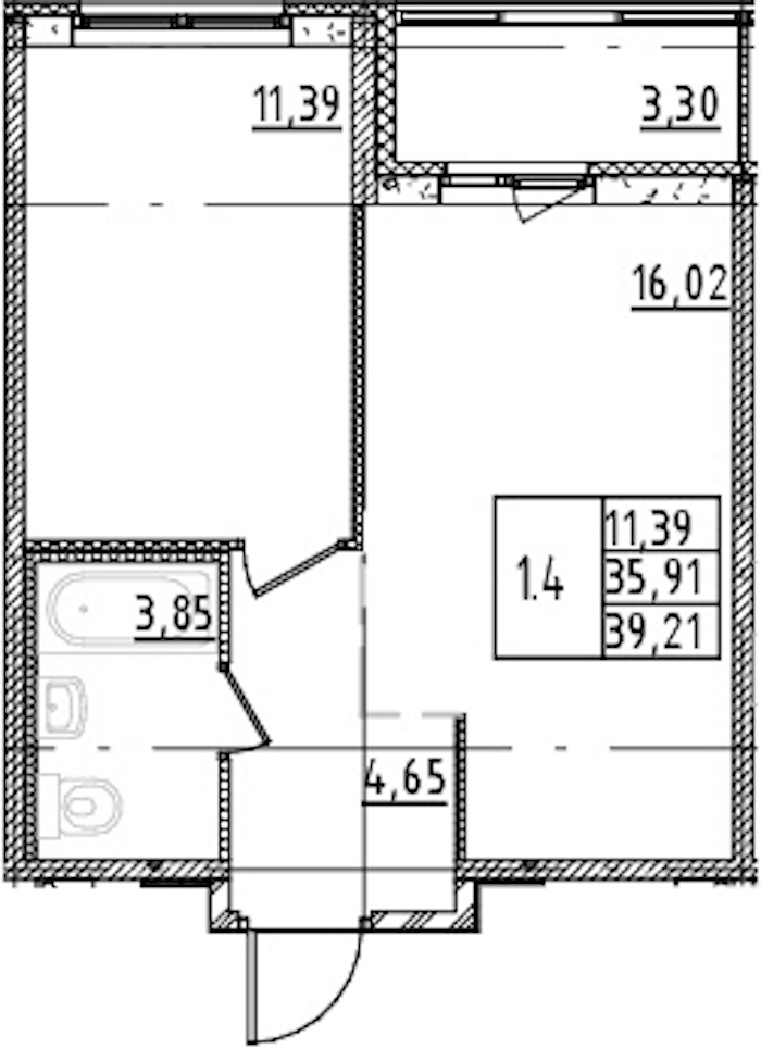 1-комнатная квартира 35.91 м², 13/15 эт., ЖК «Parkolovo»