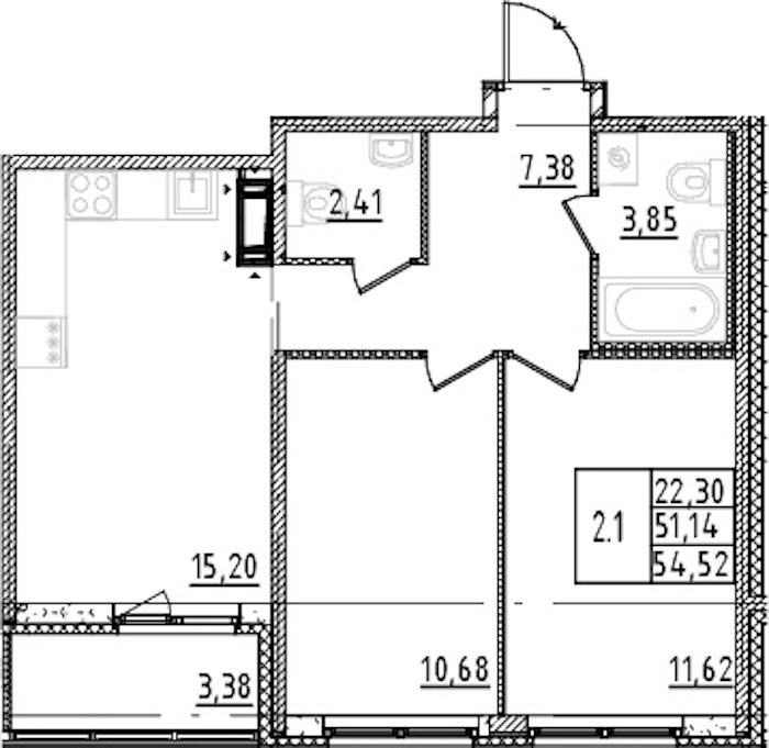 2-комнатная квартира 51.14 м², 15/15 эт., ЖК «Parkolovo»
