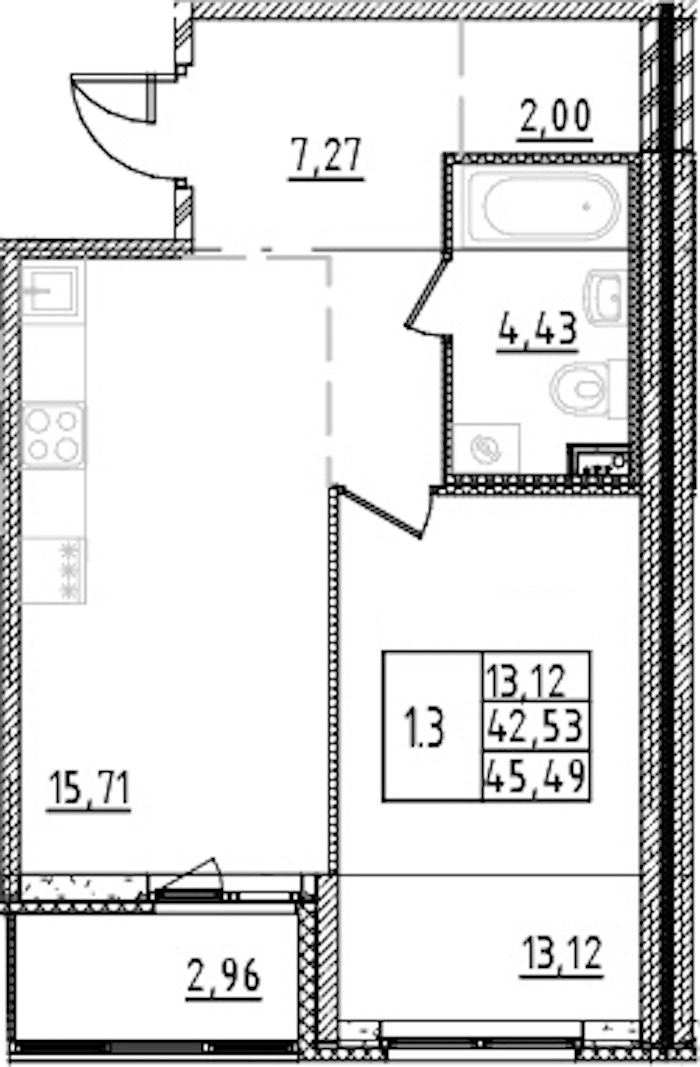 1-комнатная квартира 42.53 м², 2/15 эт., ЖК «Parkolovo»