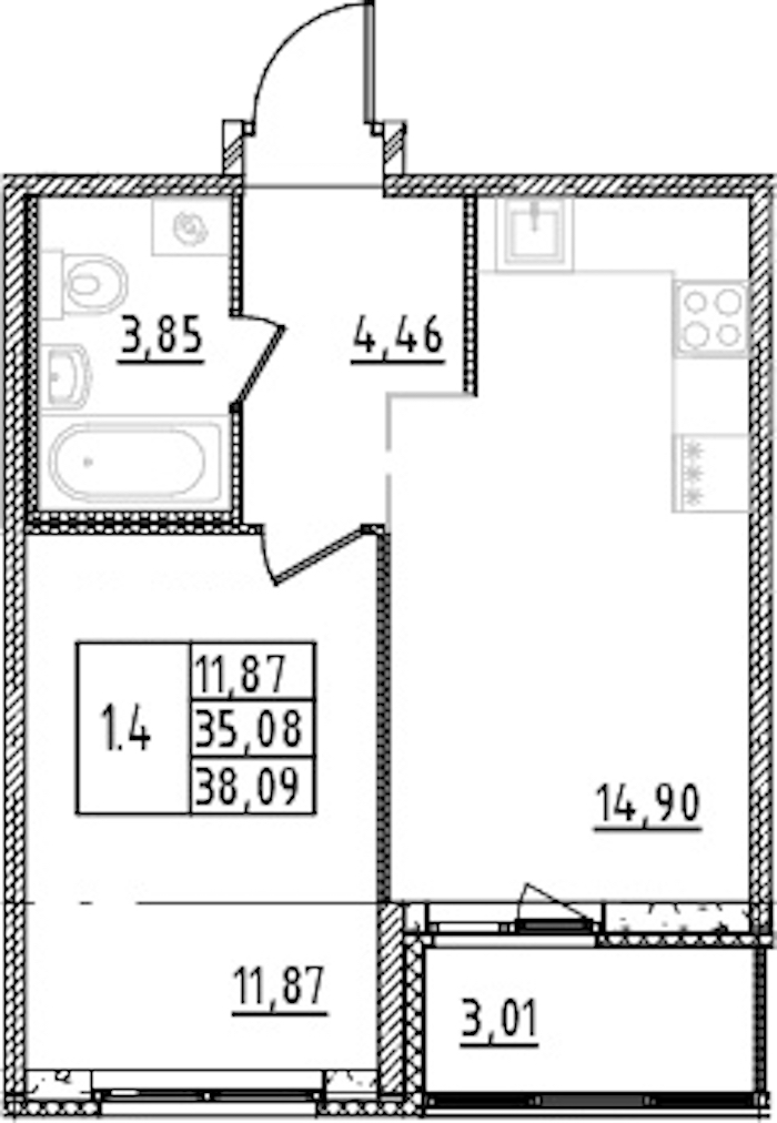 1-комнатная квартира 35.08 м², 2/15 эт., ЖК «Parkolovo»
