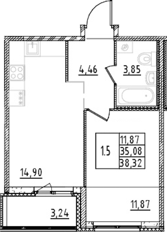 1-комнатная квартира 35.08 м², 2/15 эт., ЖК «Parkolovo»