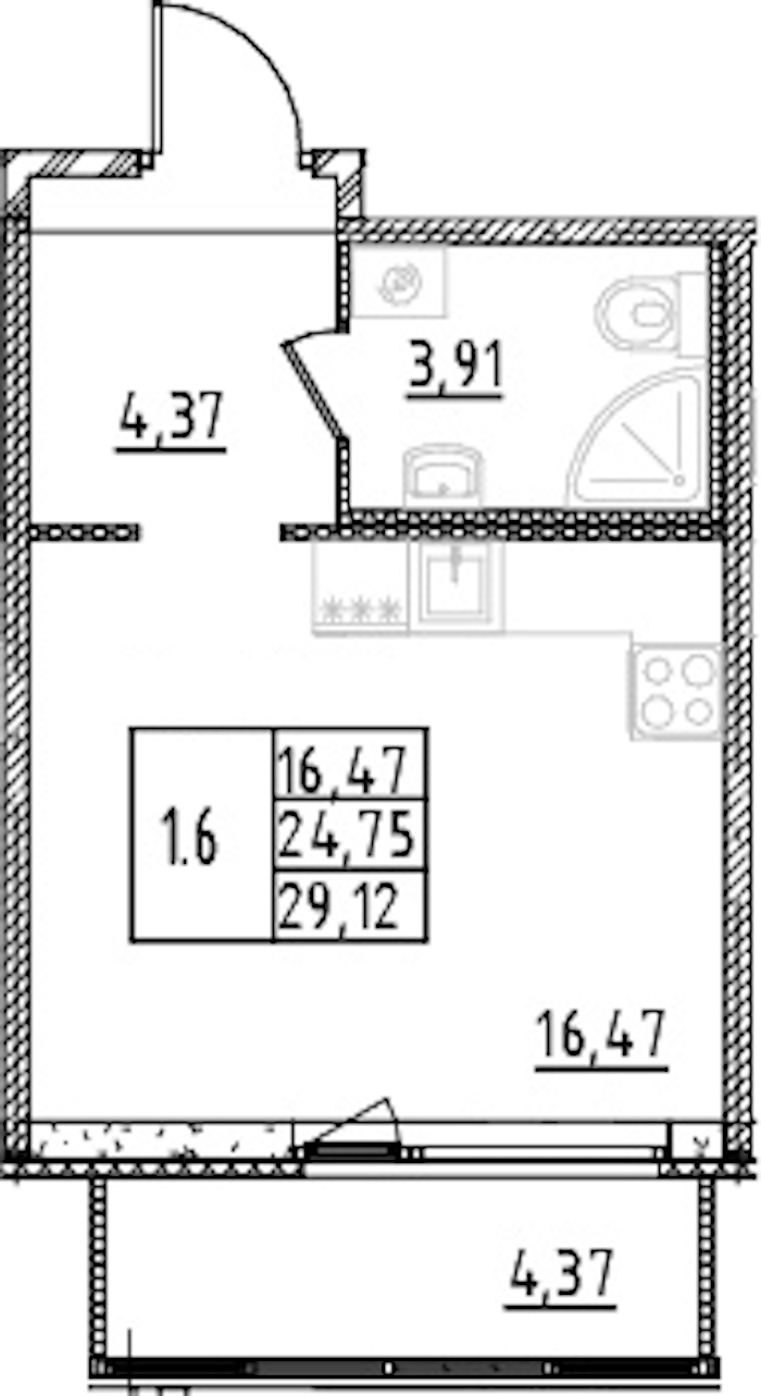 Квартира студия 24.75 м², 2/15 эт., ЖК «Parkolovo»