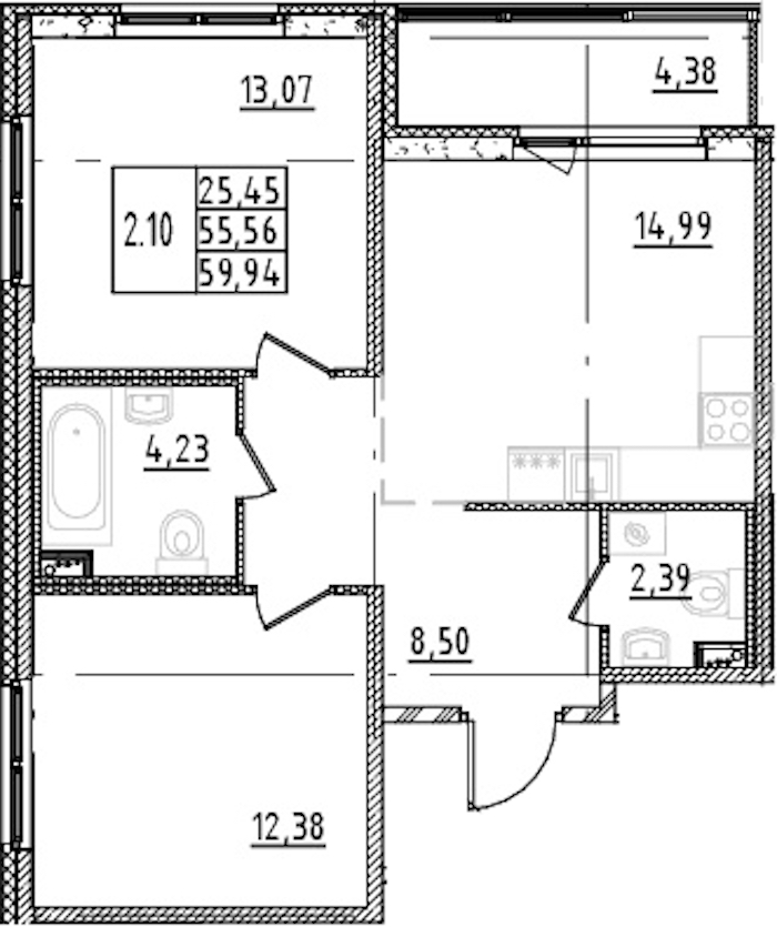 2-комнатная квартира 55.56 м², 2/15 эт., ЖК «Parkolovo»