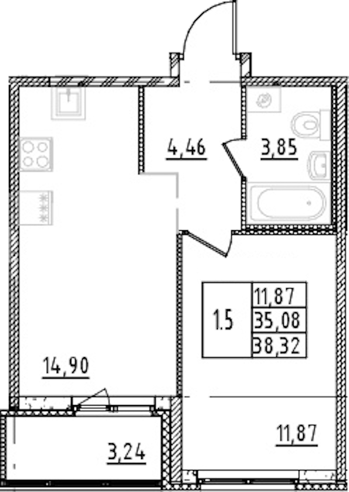 1-комнатная квартира 35.08 м², 3/15 эт., ЖК «Parkolovo»